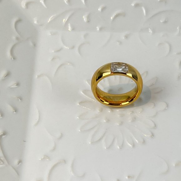 Gold Thick Band Ring With Stone Gold Chunky Ring for Women 18k Gold Plated Ring - Picture 9 of 15